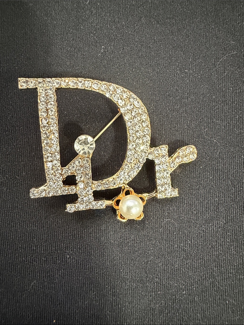 Crystal Initial 'Dr' Brooch with Pearl Accent - Gold Tone